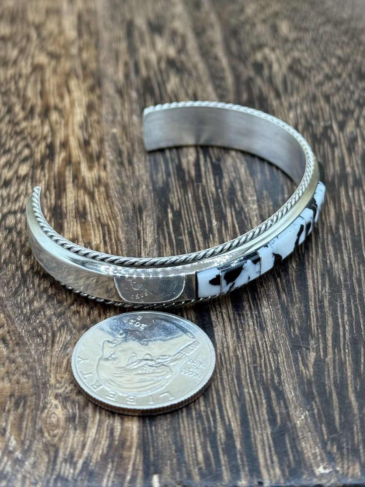 Navajo Handmade Sterling Silver White Buffalo Inlay Cuff Bracelet Francis Yazzie