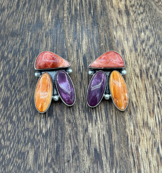 Navajo Handmade Sterling Silver Multi Color Spiny Oyster Post Cluster Earrings