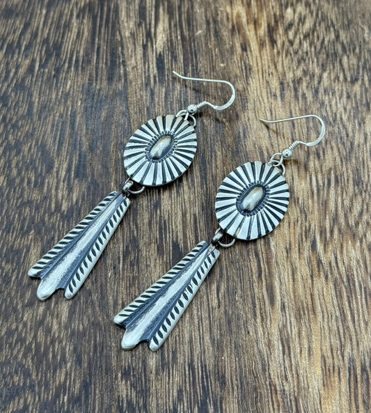 Navajo Handmade Sterling Silver Old Look Stamped Concho Design Dangle Earrings