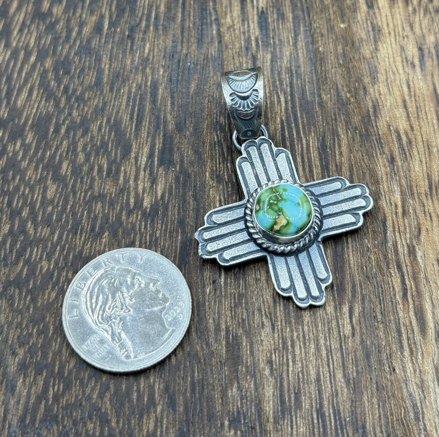 Navajo Handmade Sterling Silver Old Look Sonoran Gold Turquoise Zia Pendant