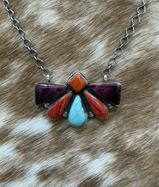 Navajo Handmade Sterling Silver Multi stone Turquoise  Cluster Bar Necklace 18”