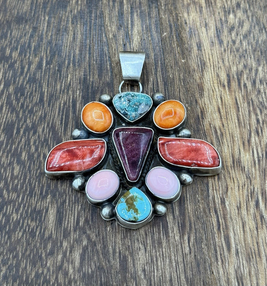 Navajo Handmade Sterling Silver Multi Color Turquoise Spiny Cluster Pendant Lg.
