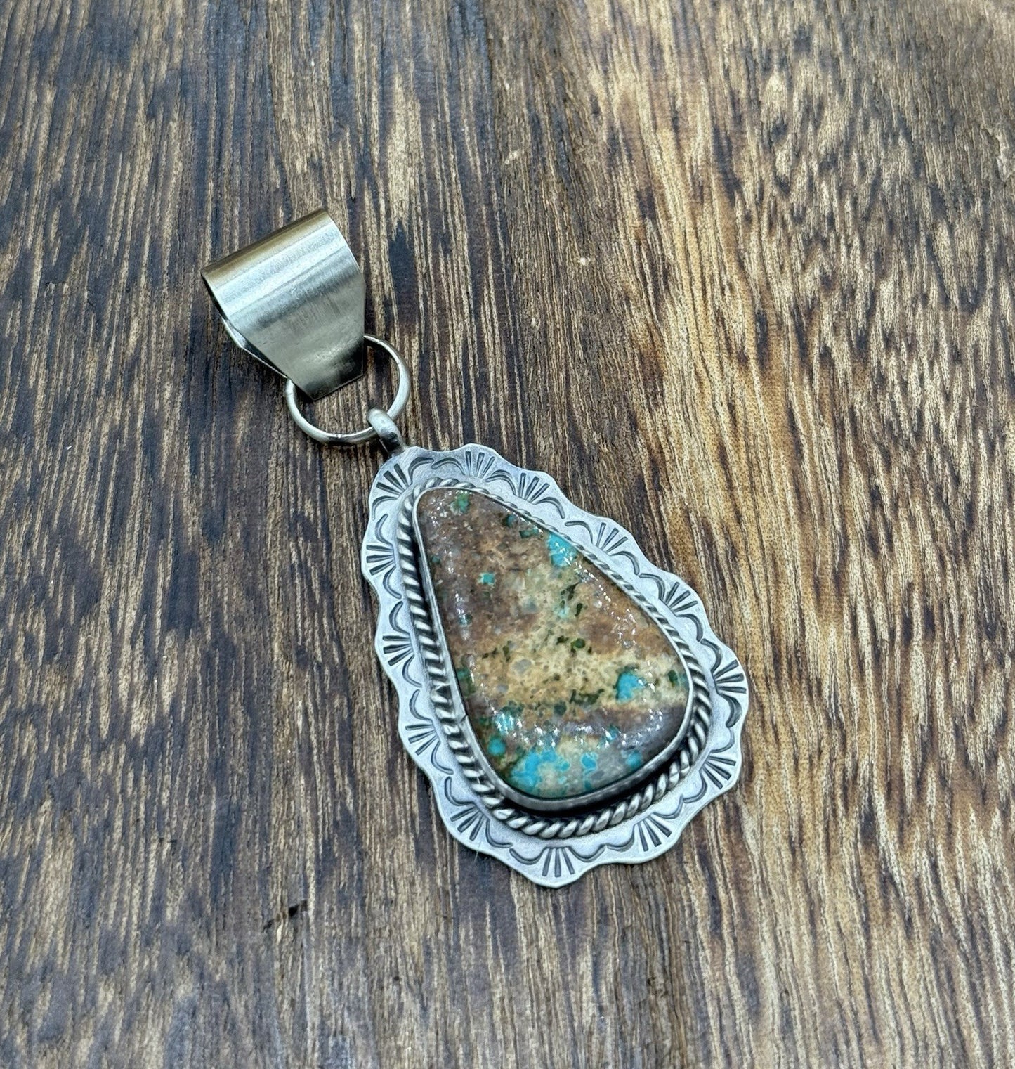 Navajo Handmade Sterling Silver Royston Turquoise Stamped Design Drop Pendant