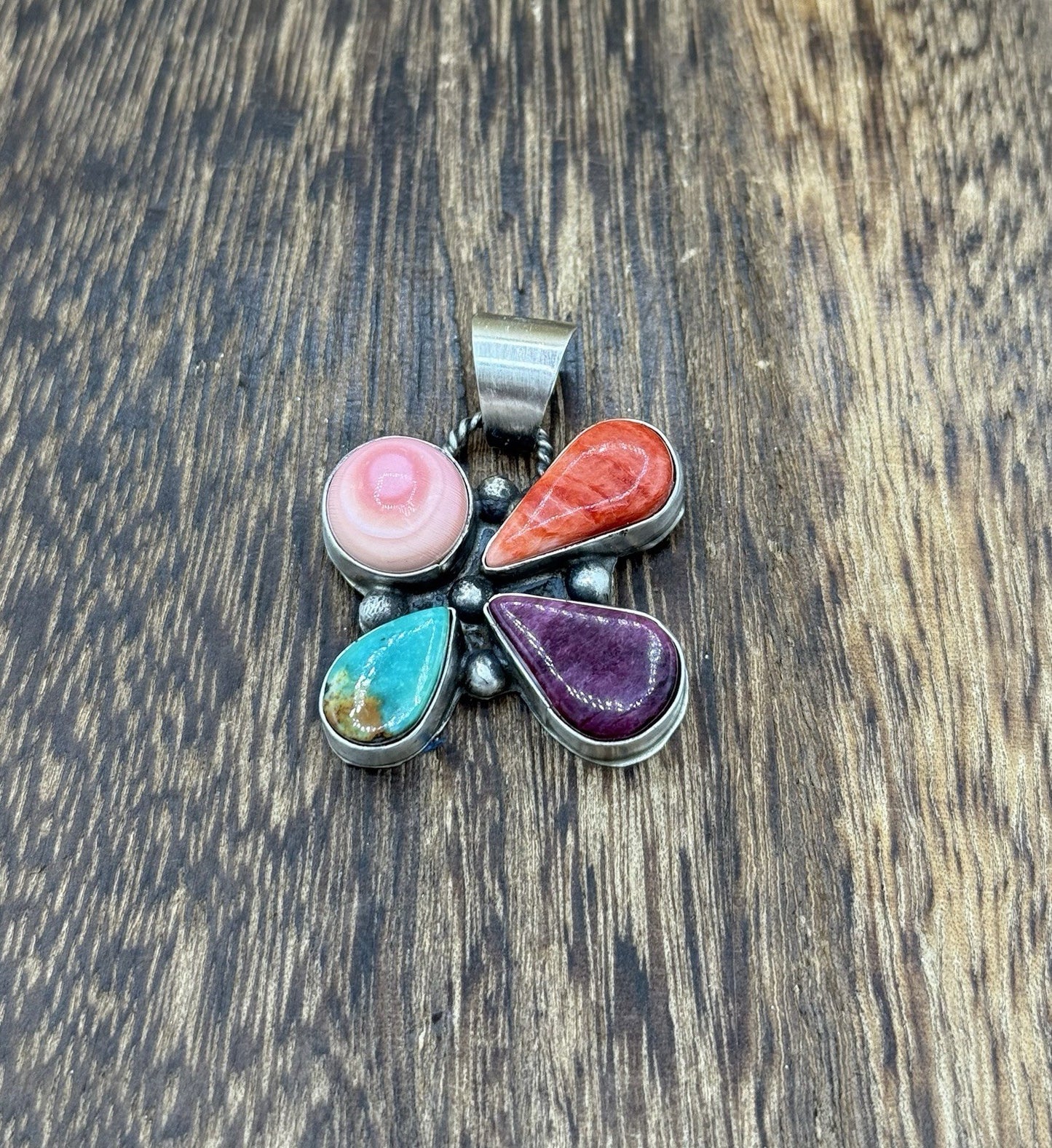 Navajo Handmade Sterling Silver Multi Color Turquoise Spiny Cluster Pendant