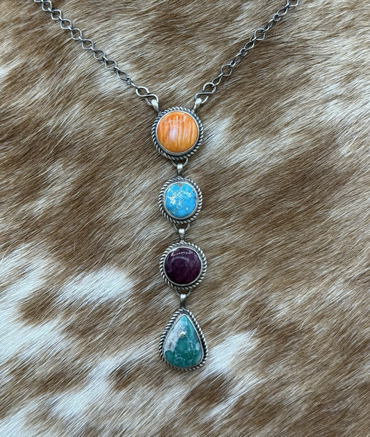 Navajo Handmade Sterling Silver Multi Color Mixed Stone Lariat Necklace 18”