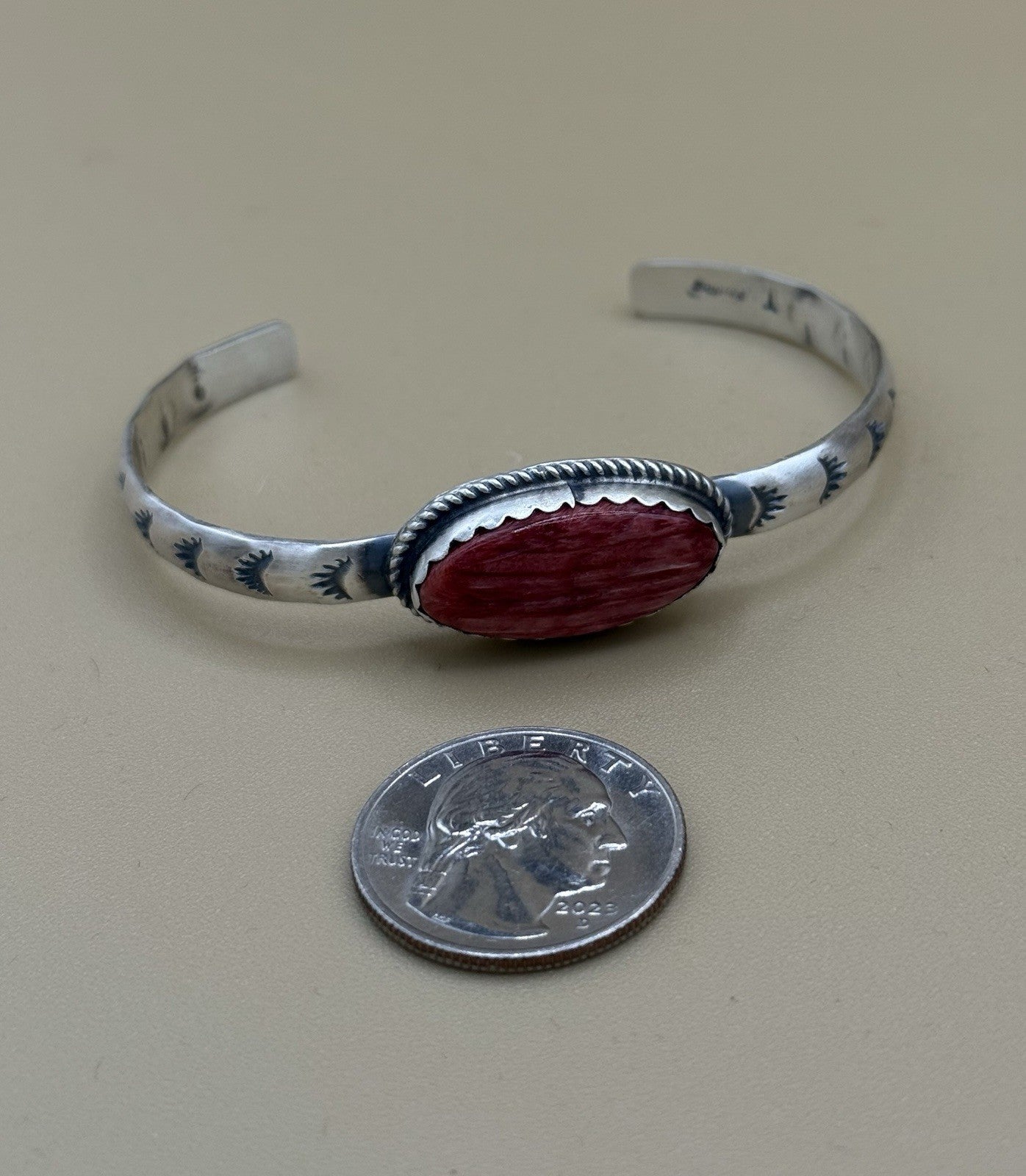 Navajo Handmade Sterling Silver Red Spiny Oyster Stamped Stacker Cuff Bracelet