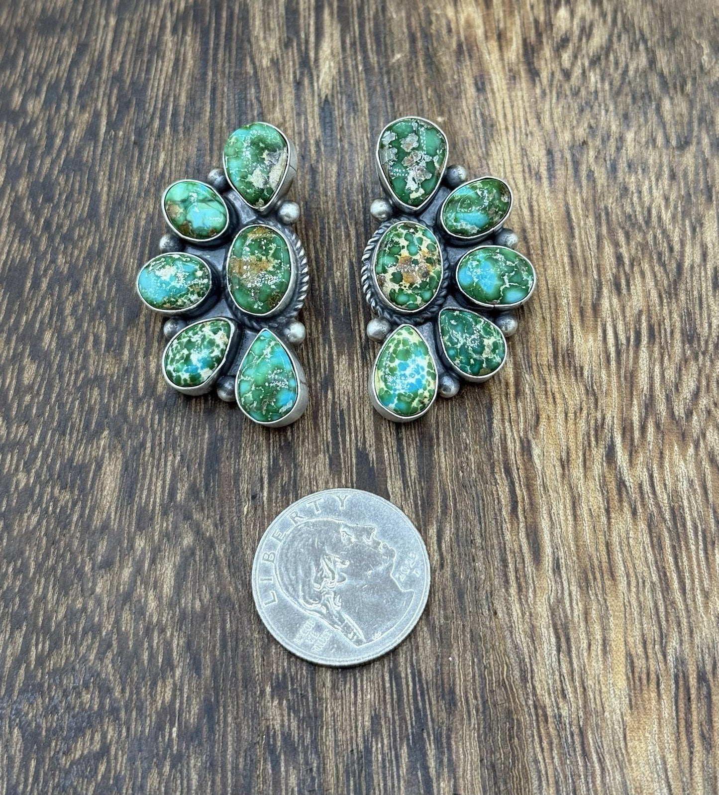 Navajo Handmade Sterling Silver Sonoran Gold Turquoise Half Cluster Earrings