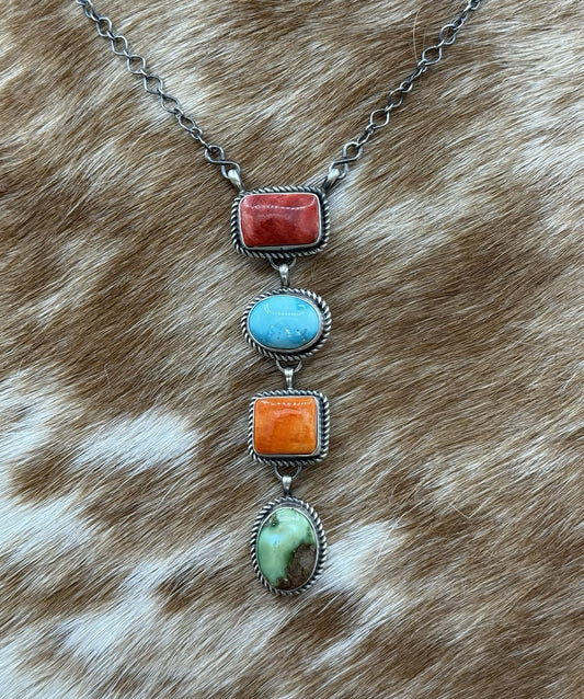 Navajo Handmade Sterling Silver Multi Color Mixed Stone Lariat Necklace 18”