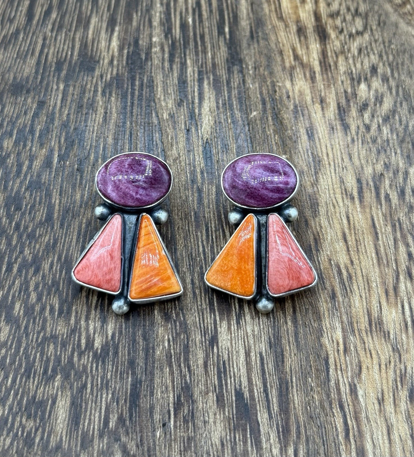 Navajo Handmade Sterling Silver Multi Color Spiny Oyster Shell Cluster Earrings