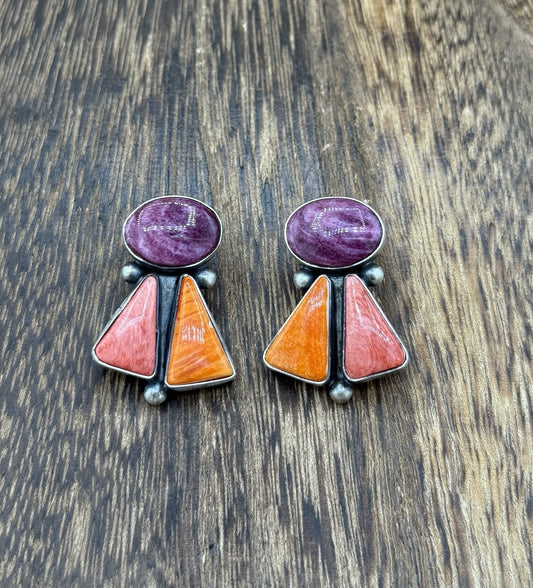 Navajo Handmade Sterling Silver Multi Color Spiny Oyster Shell Cluster Earrings