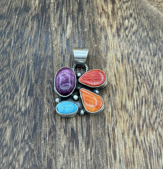 Navajo Handmade Sterling Silver Multi Color Turquoise Spiny Cluster Pendant