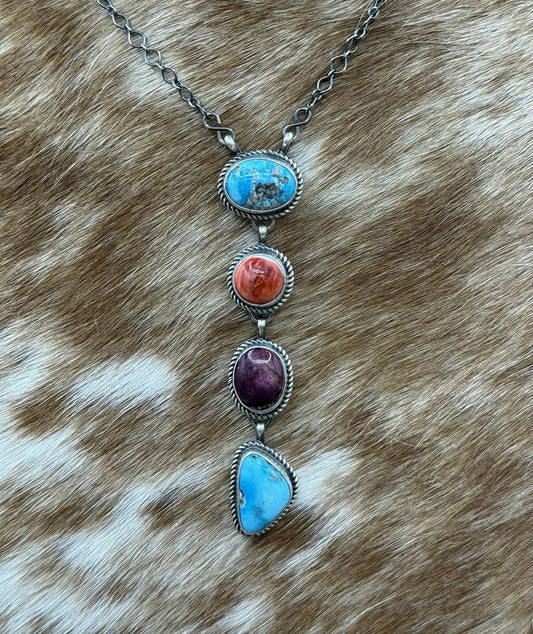 Navajo Handmade Sterling Silver Multi Color Mixed Stone Lariat Necklace 18”
