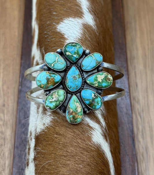 Navajo Handmade Sterling Silver Sonoran Gold Turquoise Cluster Cuff Bracelet