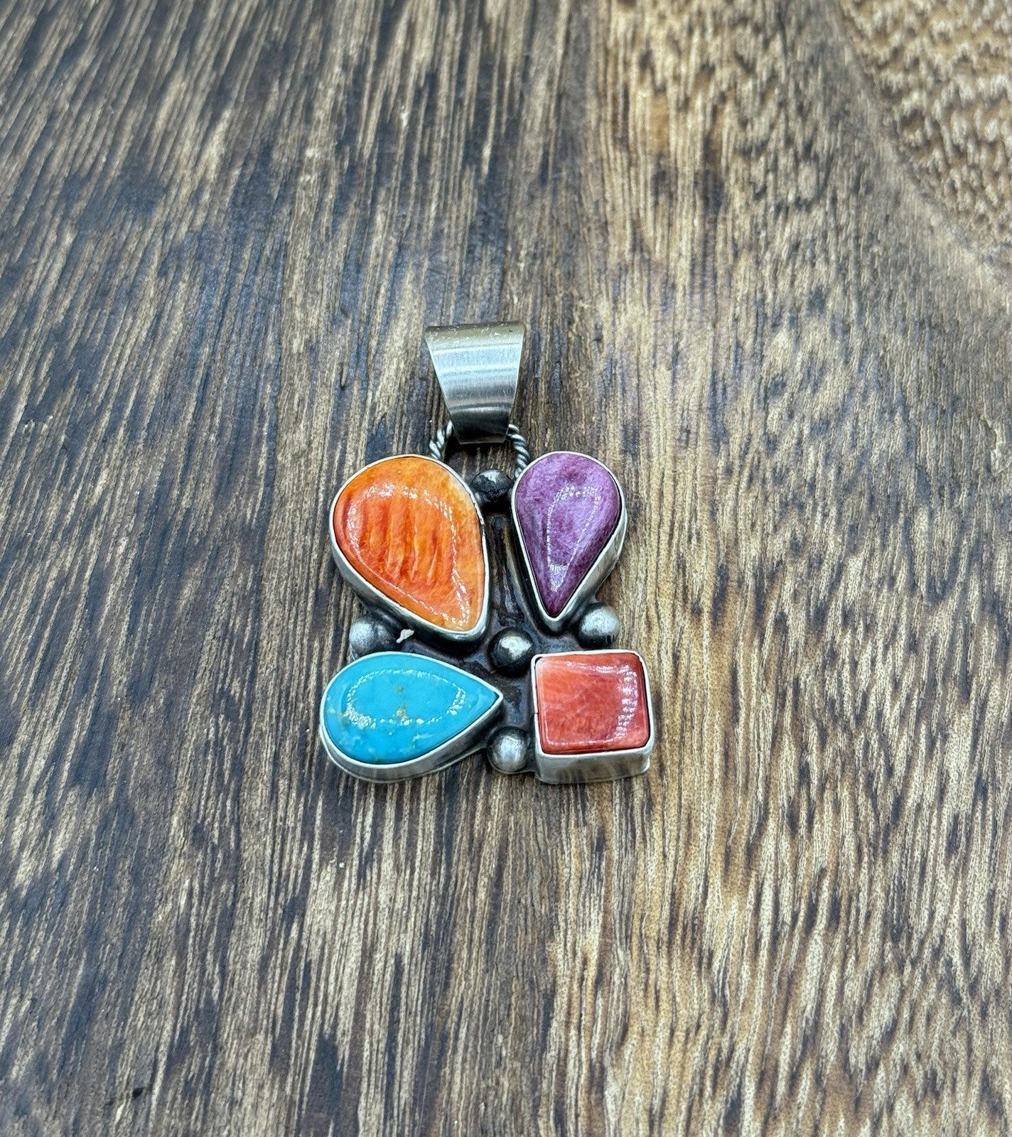 Navajo Handmade Sterling Silver Multi Color Turquoise Spiny Cluster Pendant