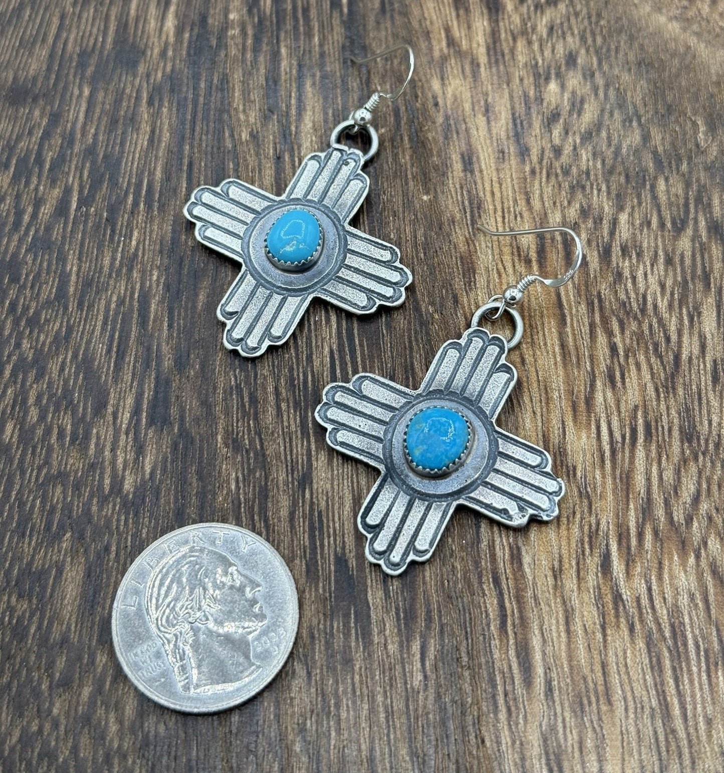 Navajo Handmade Sterling Silver Zia Kingman Turquoise Earrings Kevin Billah