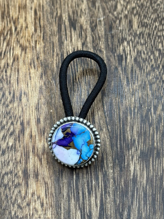 Native Navajo Handmade Sterling Silver Violet Rose & Blue Dahlia Hair Tie