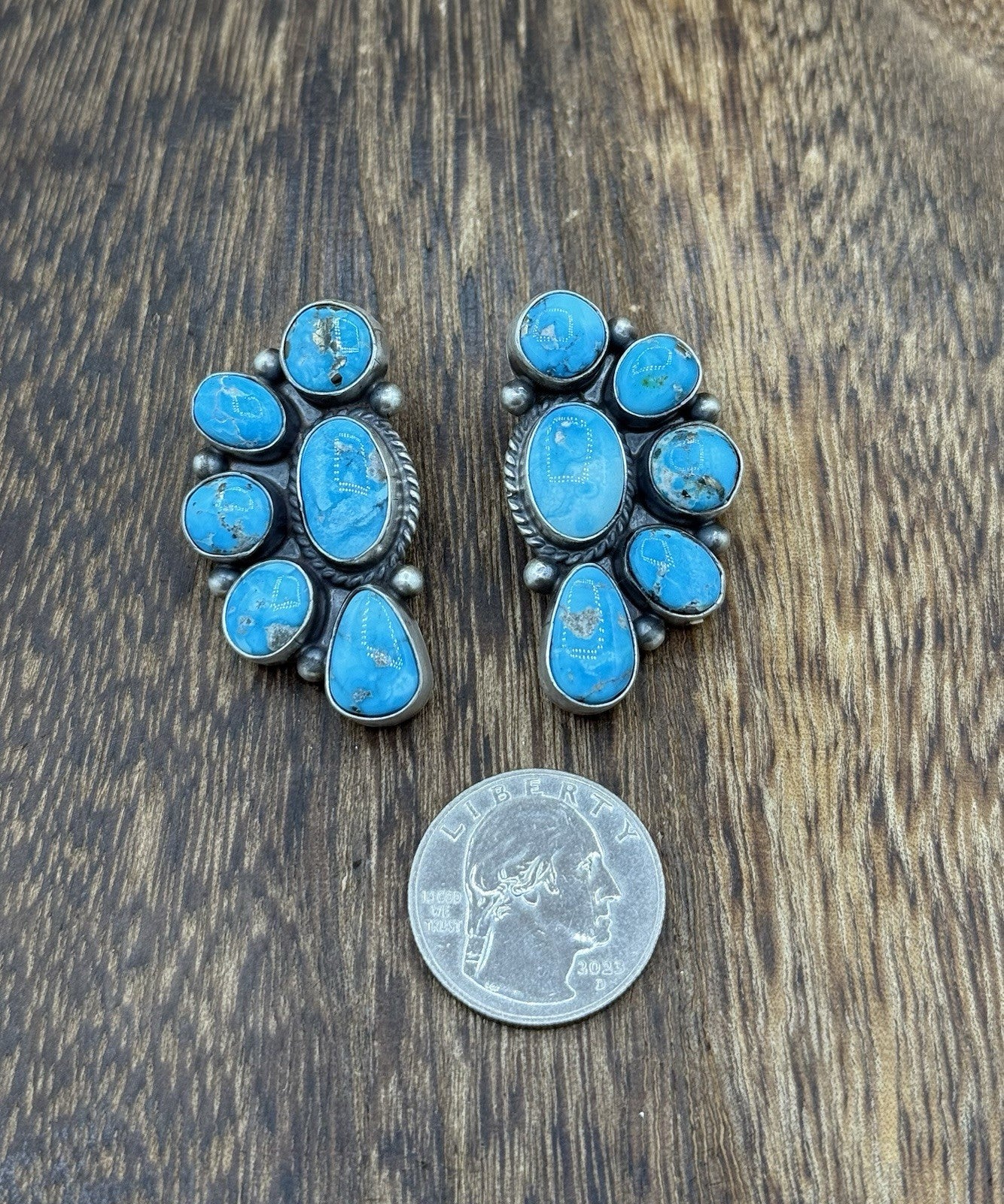 Navajo Handmade Sterling Silver Blue Ridge Turquoise Half Cluster Large Earrings