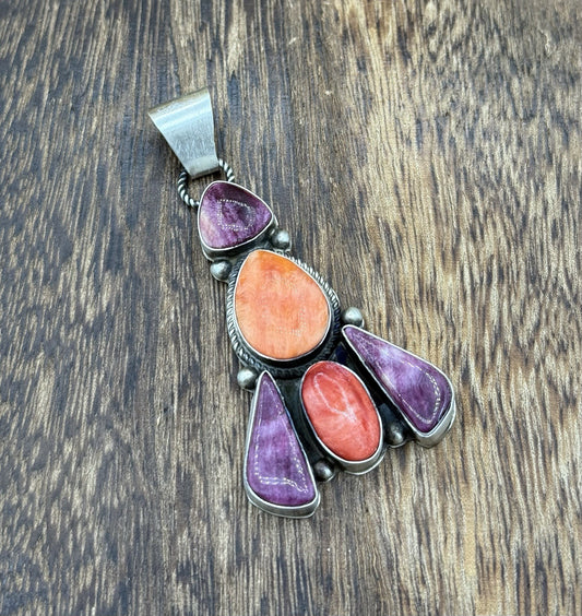 Native Navajo Handmade Sterling Silver Multi Spiny Oyster Shell Cluster Pendant