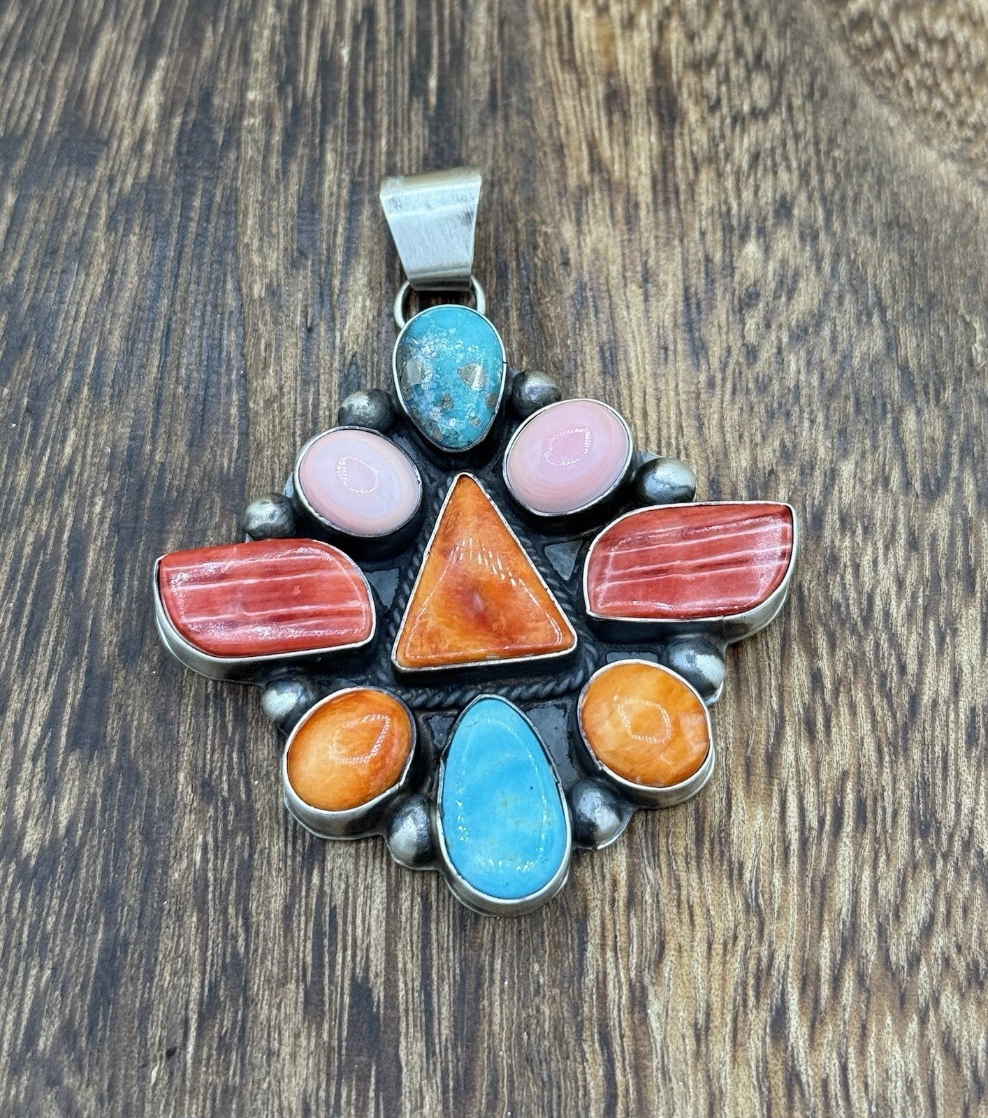 Navajo Handmade Sterling Silver Multi Color Turquoise Spiny Cluster Pendant Lg.