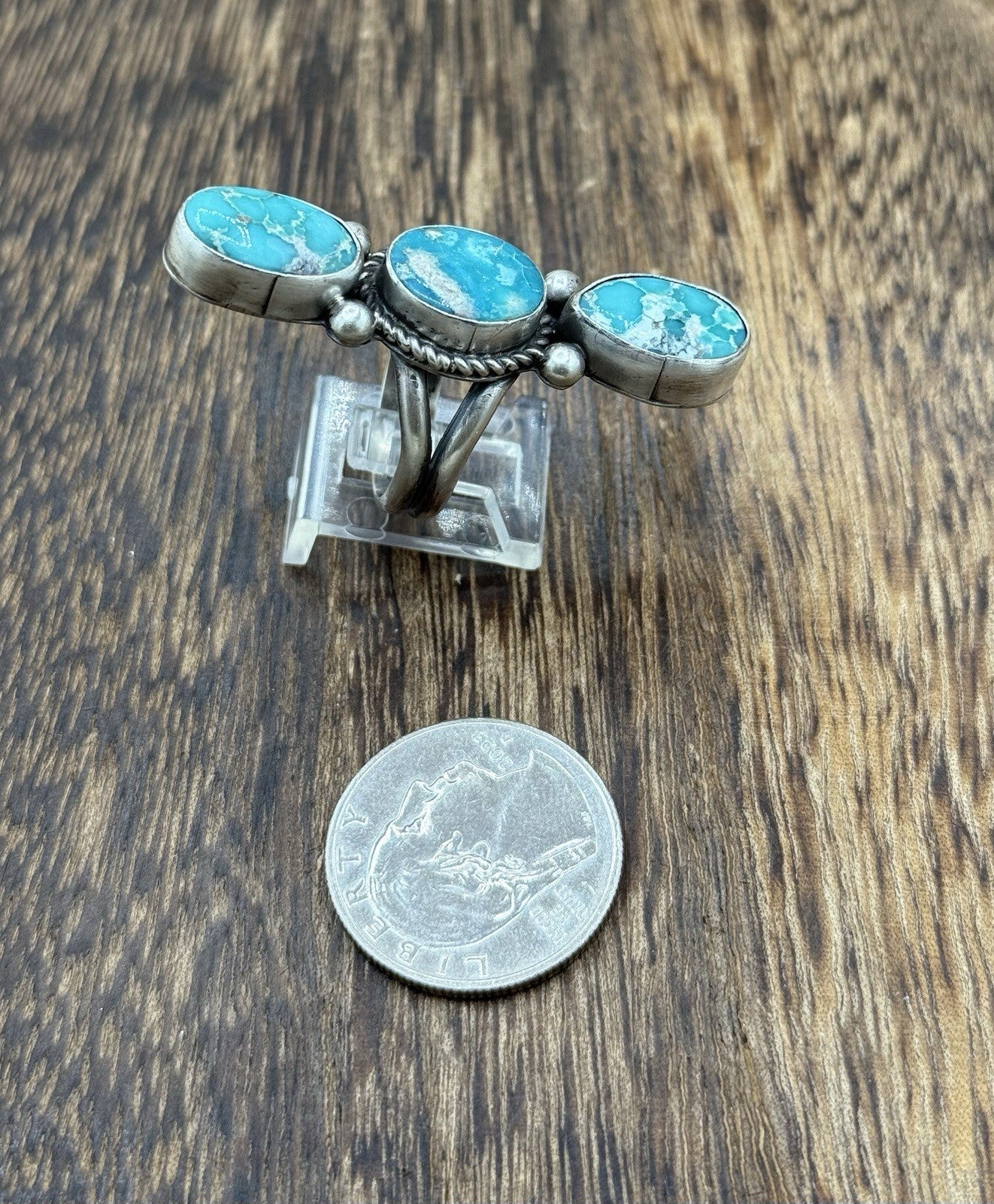 Navajo Handmade Sterling Silver Blue Bird Turquoise Cluster Ring Size 9