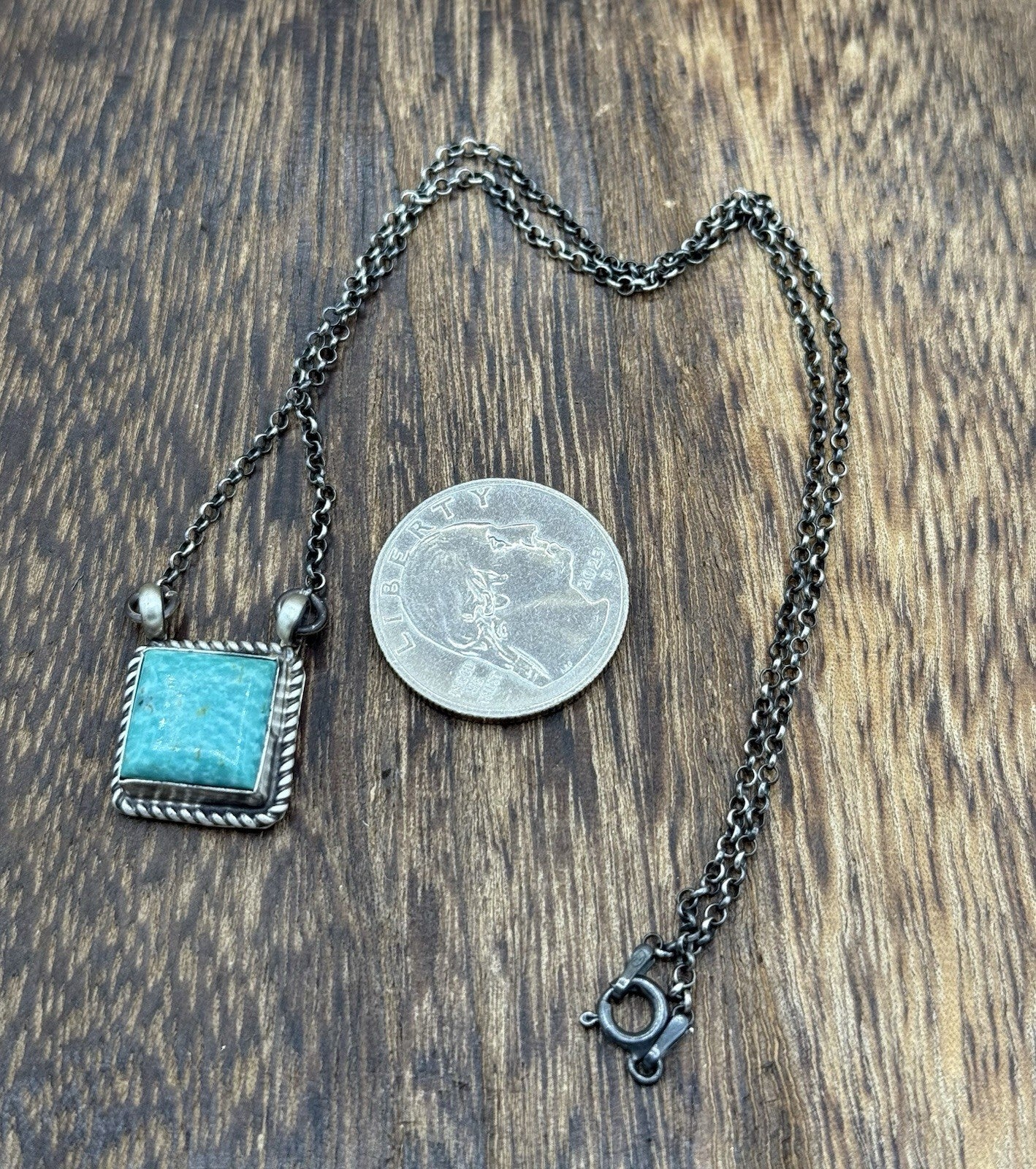 Native Navajo Handmade Silver Kingman Turquoise Cluster Bar Necklace 16”