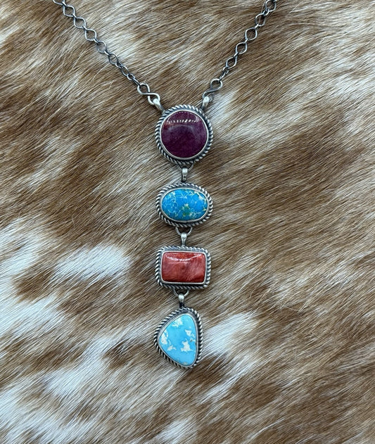 Navajo Handmade Sterling Silver Multi Color Mixed Stone Lariat Necklace 18”