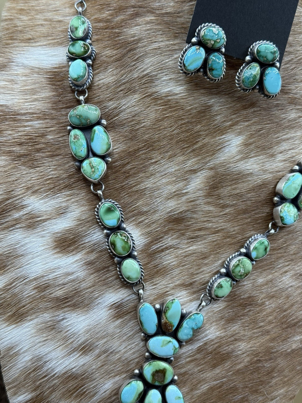 Navajo Handmade Sterling Silver Sonoran Gold Turquoise Cluster Necklace Set 20”