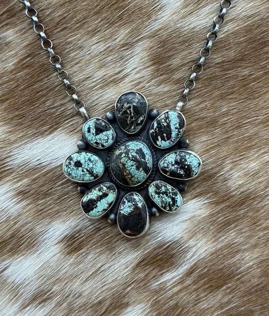 Navajo Handmade Sterling Silver Blackjack Turquoise Cluster Bar Necklace 18”