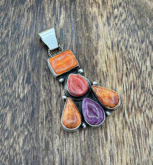 Native Navajo Handmade Sterling Silver Multi Spiny Oyster Shell Cluster Pendant
