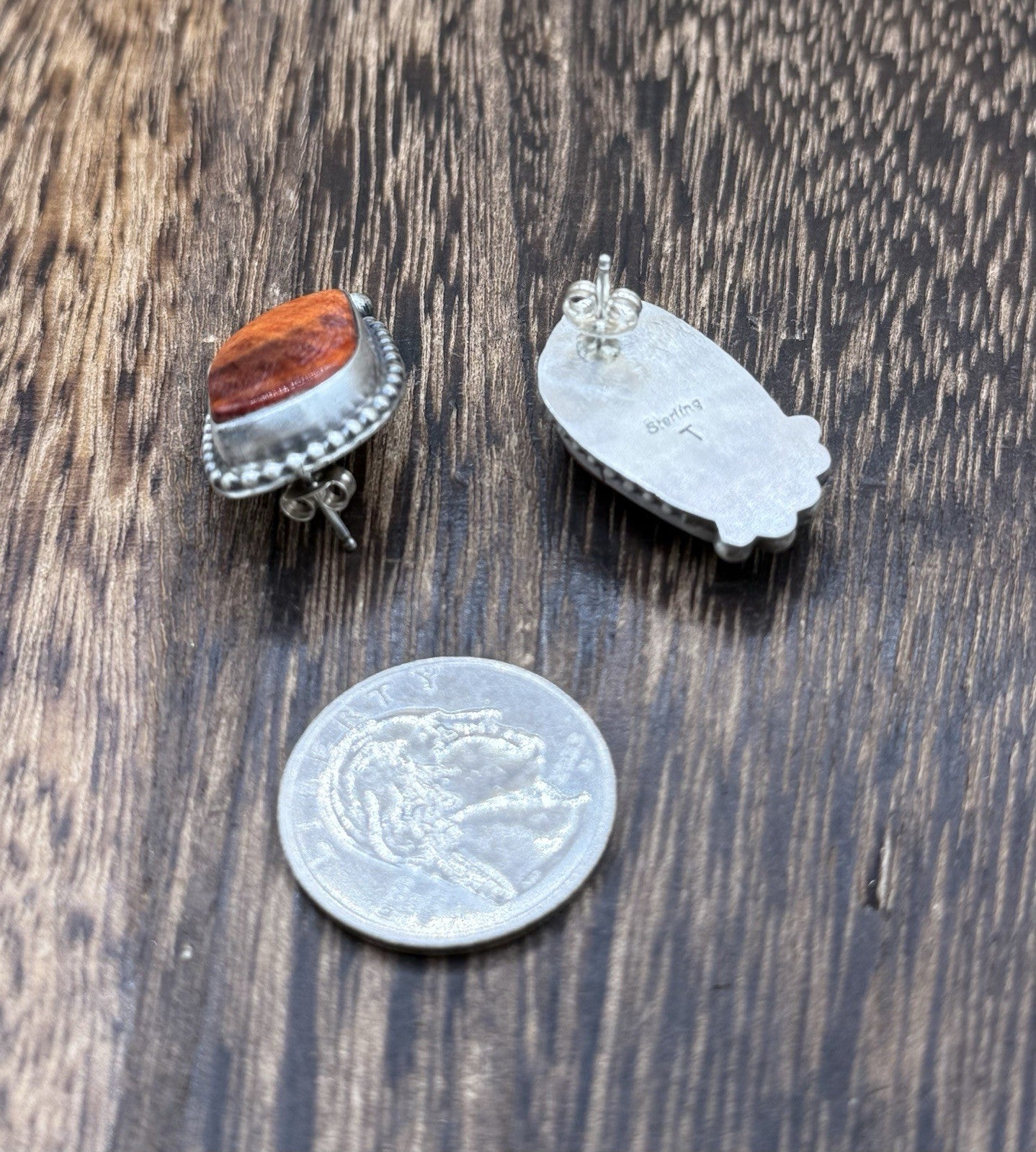 Native Navajo Handmade Sterling Silver Orange Spiny Oyster Post Stud Earrings