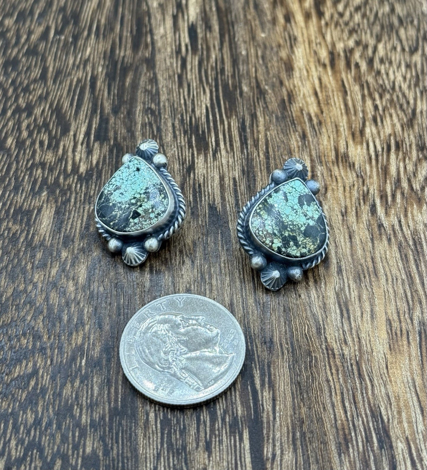 Navajo Handmade Sterling Silver Blackjack Turquoise Old Look Post Stud Earrings