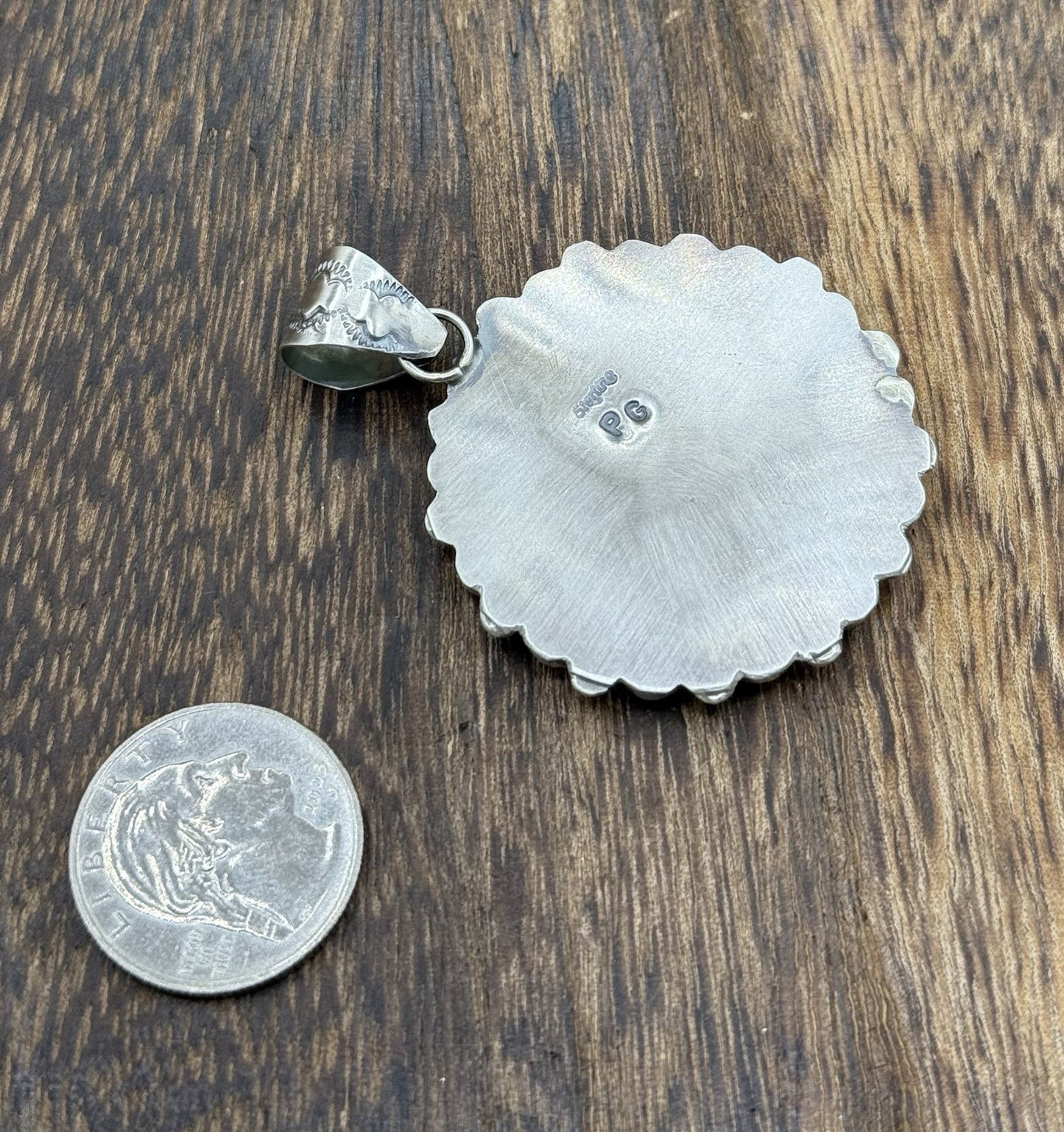 Navajo Handmade Sterling Silver Red Spiny Oyster Cluster Buffalo Coin Pendant