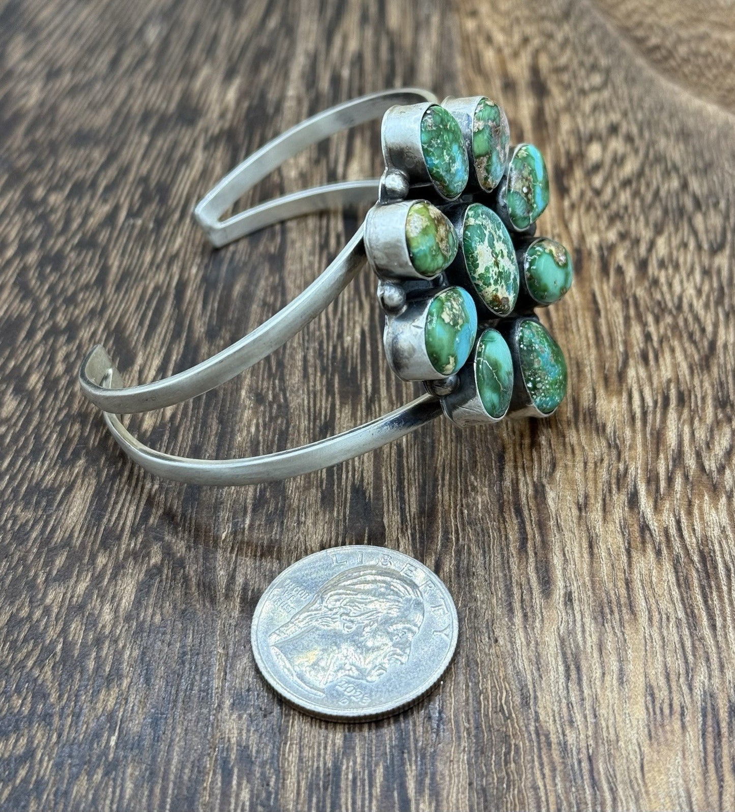 Navajo Handmade Sterling Silver Sonoran Gold Turquoise Cluster Cuff Bracelet