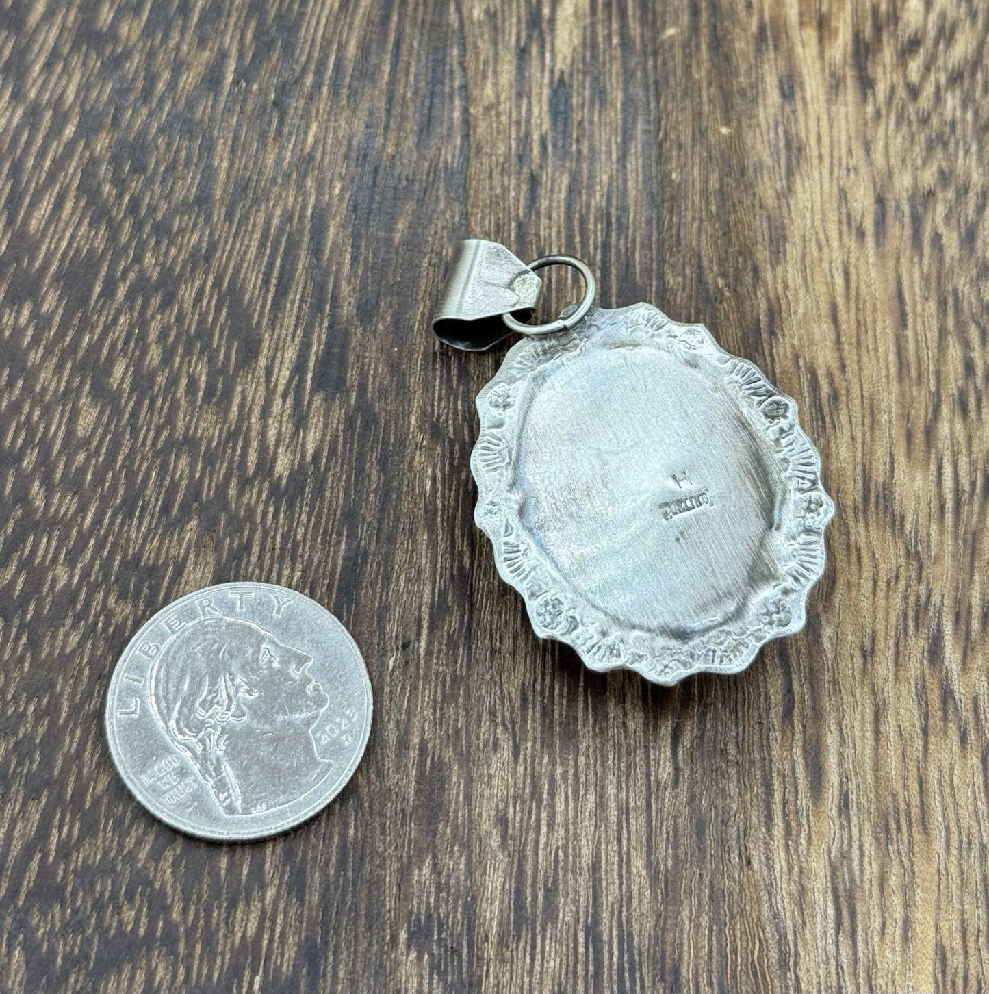 Navajo Handmade Sterling Silver Blue Glacier Turquoise Stamped Drop Pendant