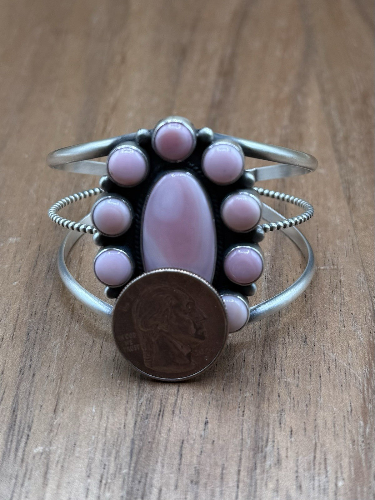 Navajo Handmade Sterling Silver Pink Conch Cluster Cuff Bracelet Large