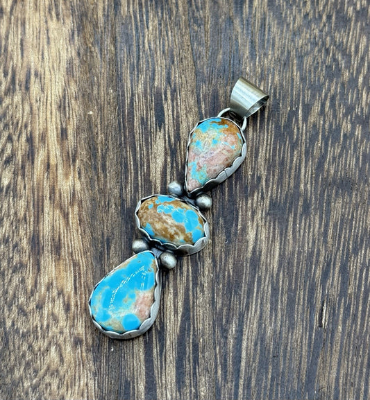 Navajo Handmade Sterling Silver Blue Glacier Turquoise Cluster Drop Pendant