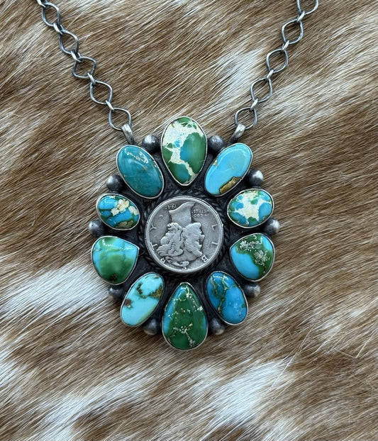 Navajo Handmade Silver Sonoran Gold Turquoise Liberty Coin Cluster Necklace 18”