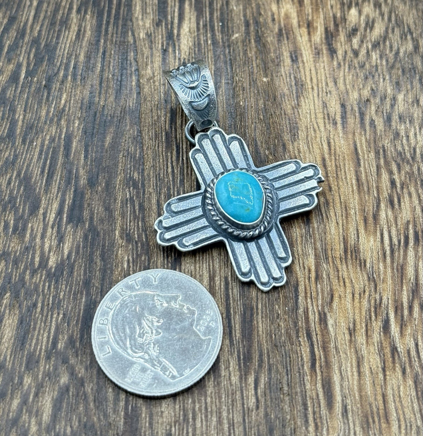 Navajo Handmade Sterling Silver Old Look Kingman Turquoise Zia Pendant Kevin B.