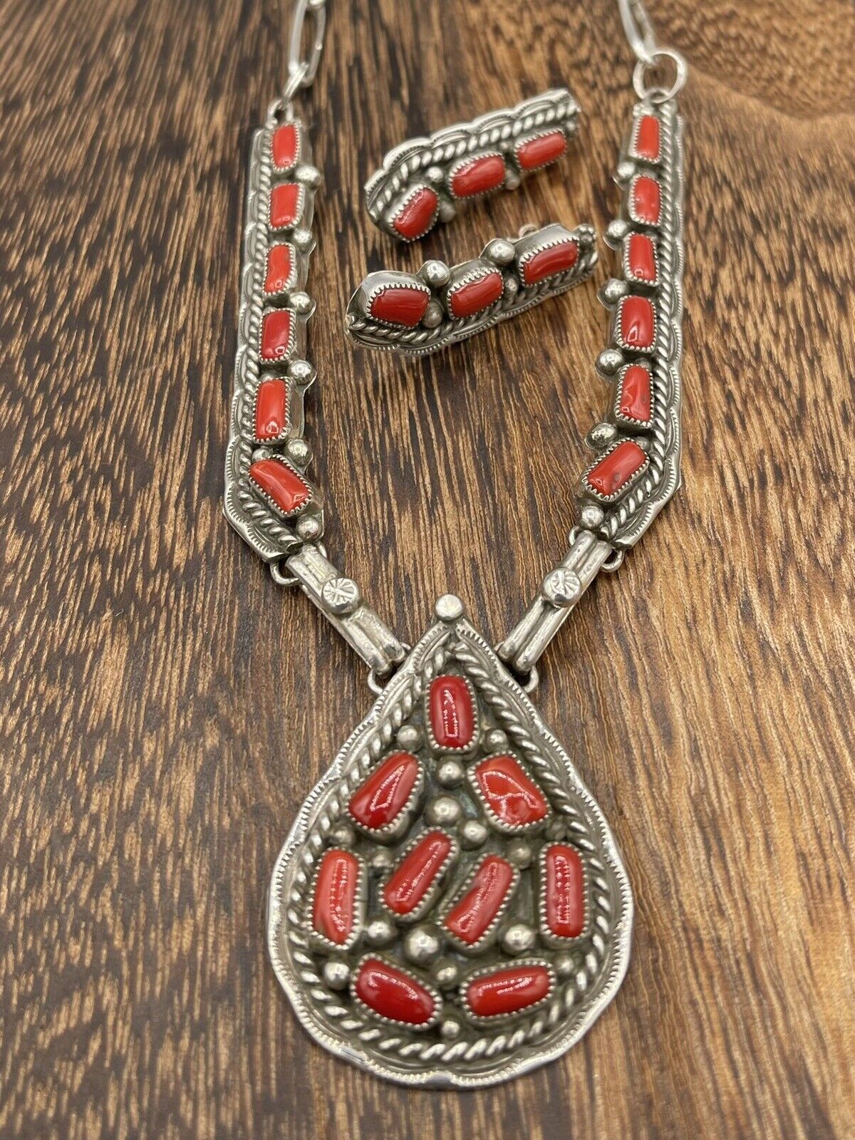 Native American Sterling Silver Navajo Handmade Red Coral Necklace Set