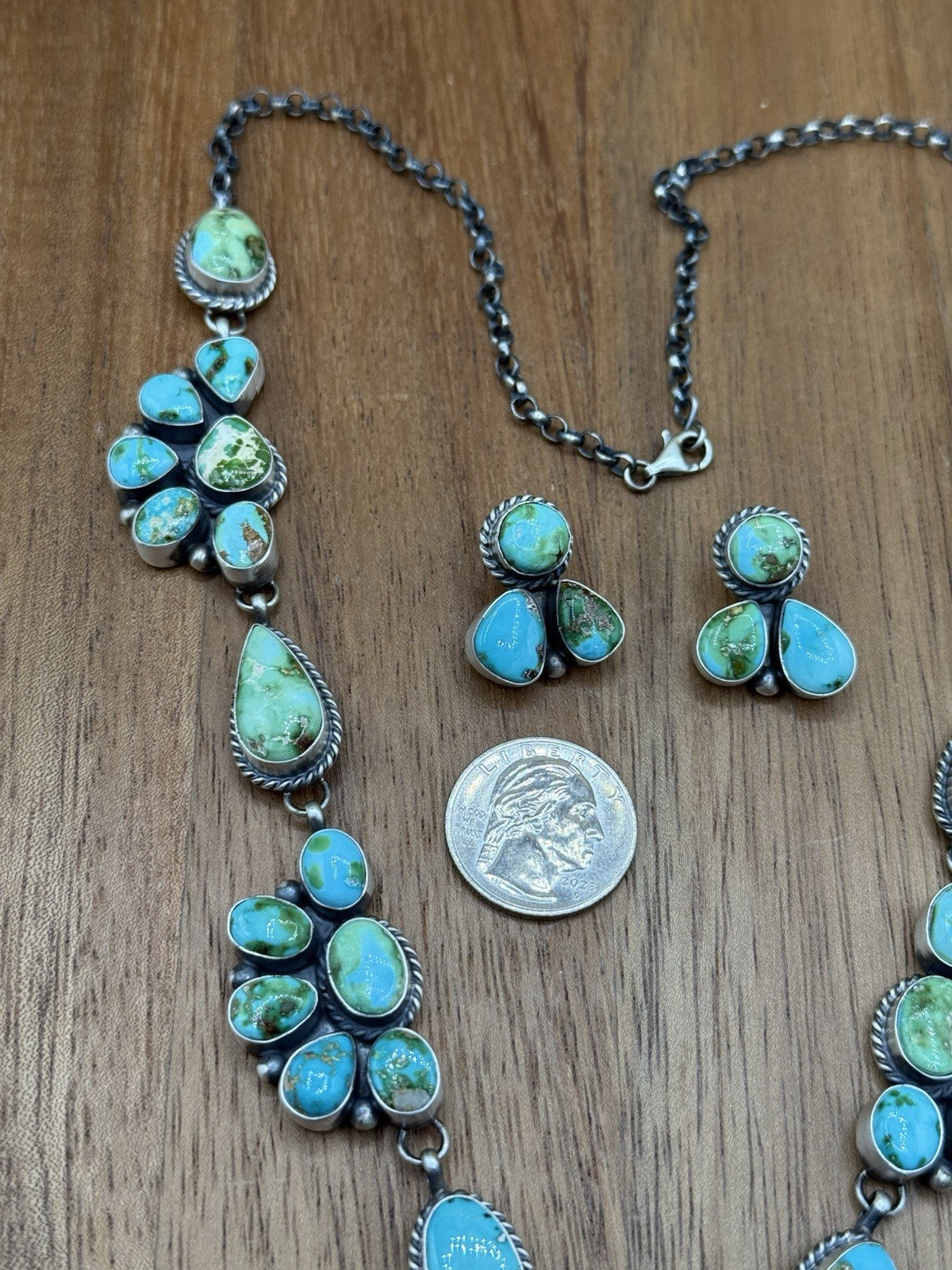 Navajo Handmade Sterling Silver Sonoran Turquoise Cluster Lariat Necklace 24”