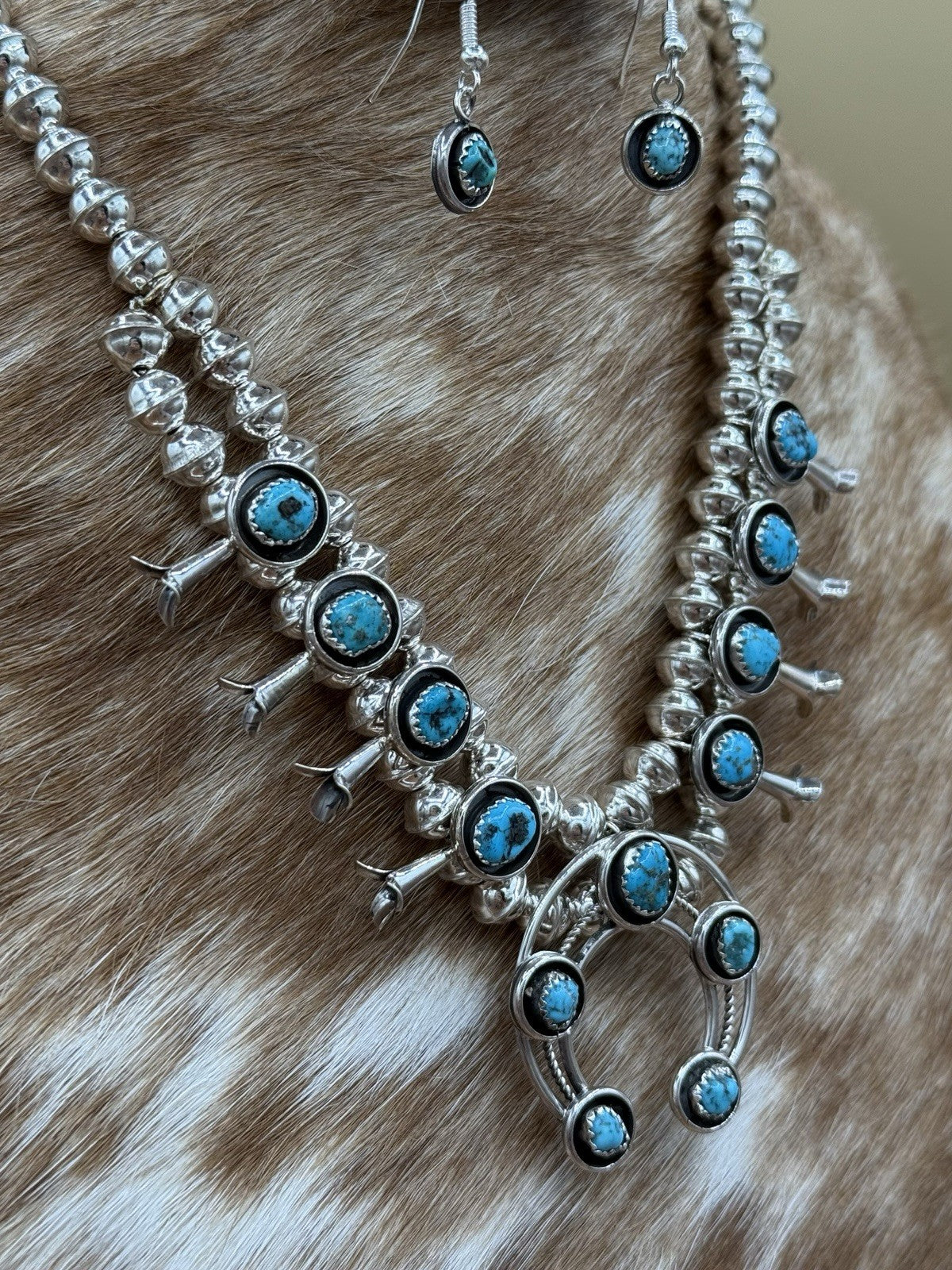 Navajo Handmade Sterling Silver Turquoise Shadowbox Squash Blossom Necklace 17”