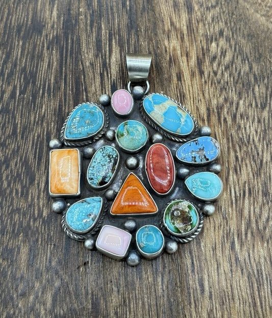 Navajo Handmade Sterling Silver Mixed Turquoise Spiny Large Cluster Pendant