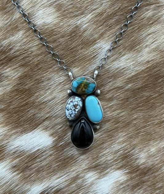 Navajo Handmade Sterling Silver Multicolor Turquoise Cluster Bar Necklace 18”