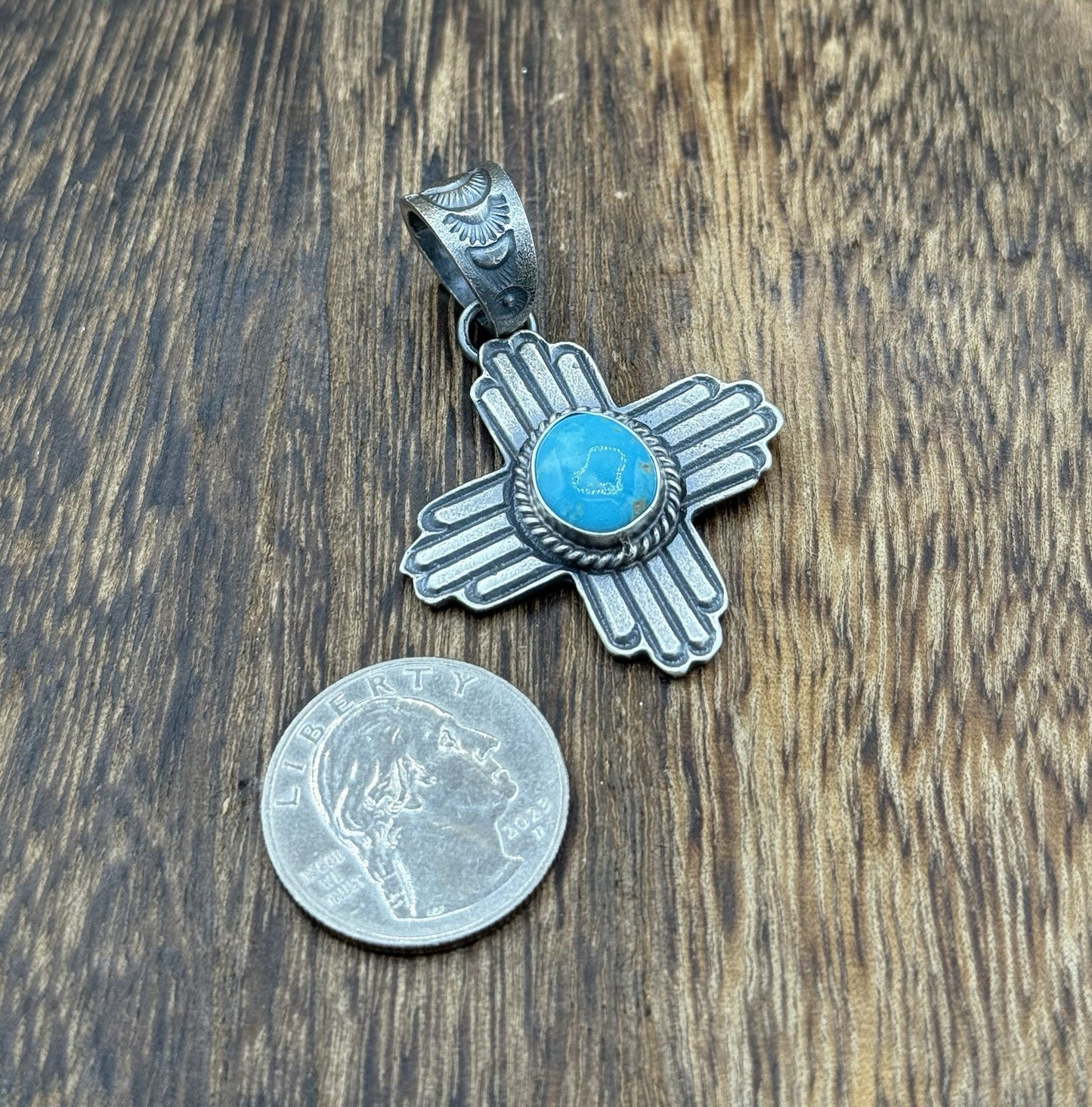 Navajo Handmade Sterling Silver Old Look Kingman Turquoise Zia Pendant Kevin B.