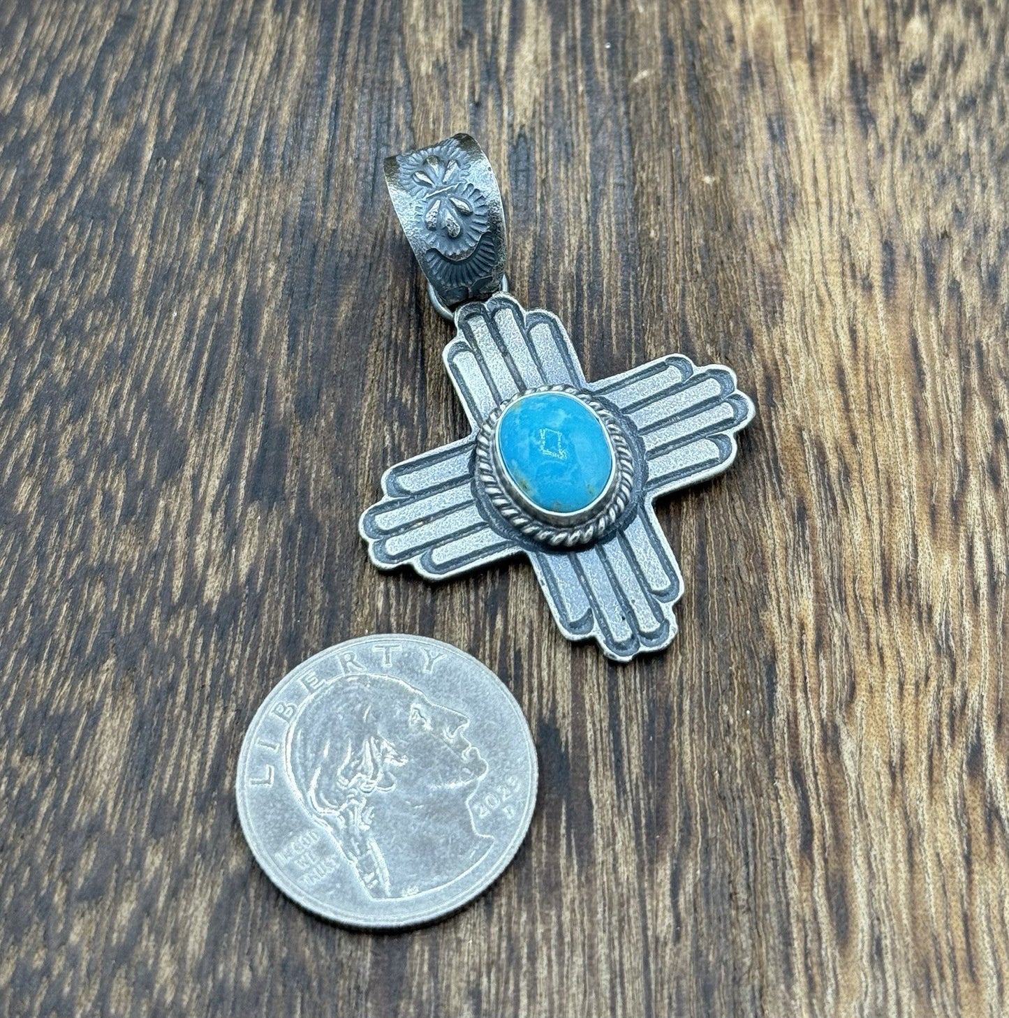 Navajo Handmade Sterling Silver Old Look Kingman Turquoise Zia Pendant Kevin B.