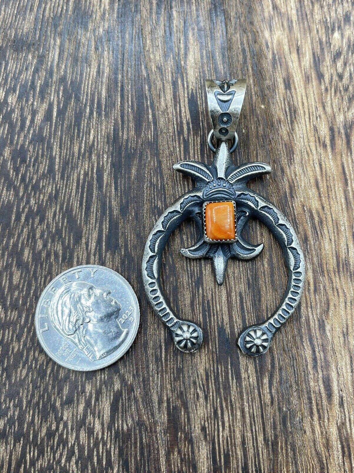 Native American Indian Navajo Handmade Silver Old Look Spiny Oyster Naja Pendant