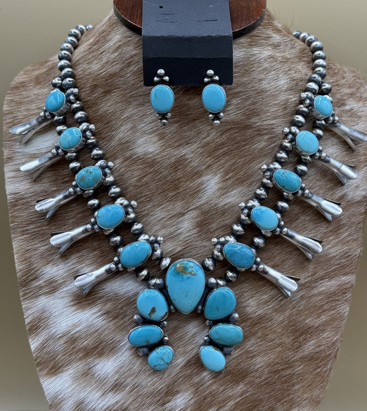 Navajo Handmade Sterling Silver Kingman Turquoise Squash Blossom Necklace 20”