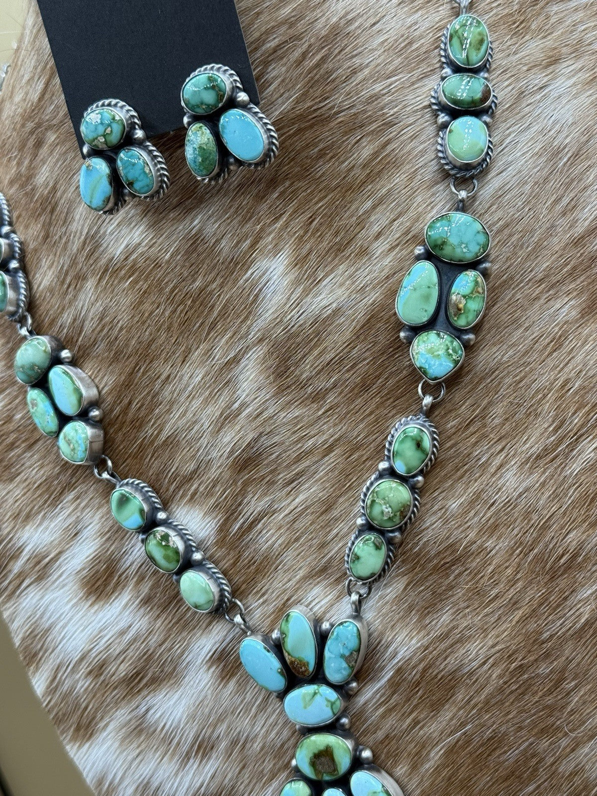 Navajo Handmade Sterling Silver Sonoran Gold Turquoise Cluster Necklace Set 20”