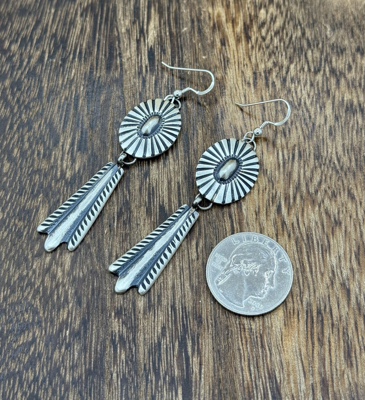 Navajo Handmade Sterling Silver Old Look Stamped Concho Design Dangle Earrings