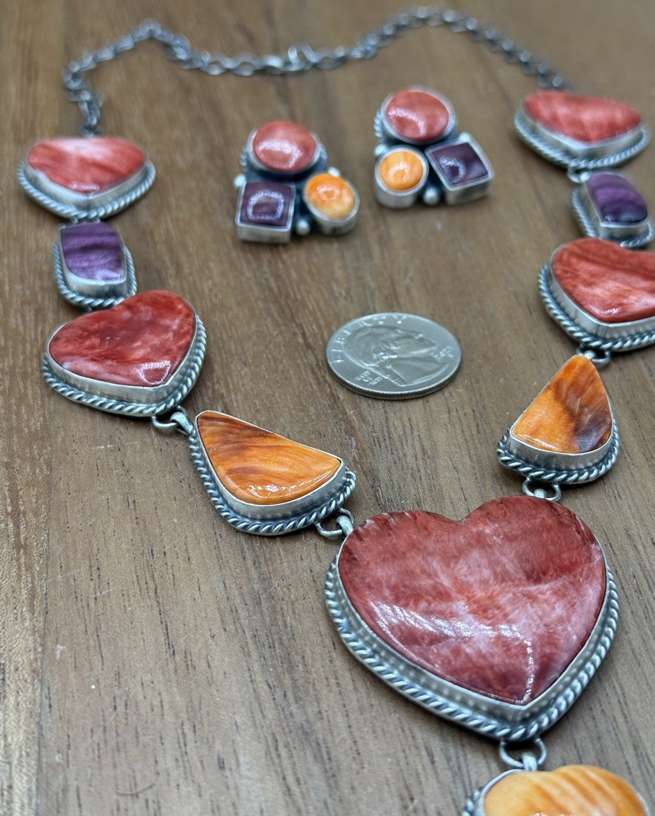 Navajo Handmade Sterling Silver Multi Spiny Oyster Shell Cluster Lariat Necklace